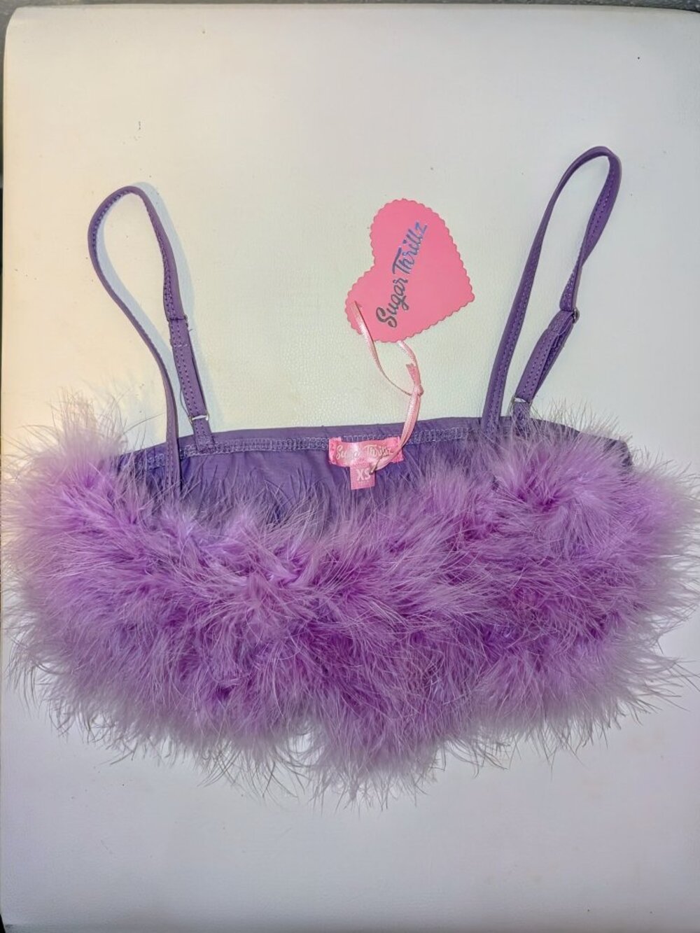 NWT Dolls Kill Sugar Thrillz Lavender Marabou Feather Crop Top XS